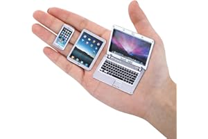 cobee Ensemble de Mini Ordinateurs Portables 1:12 Dollhouse, Mini Accessoires de Simulation de scène de Smartphone de Tablette d'ordinateur Portable en métal 3pcs (Argent)