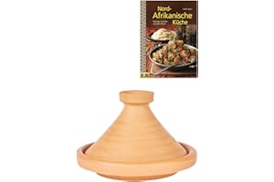MARRAKESCH ORIENT & MEDITERRAN INTERIOR Marokkanische Tajine Topf zum Kochen + Kochbuch | Schmortopf Unglasiert Aladin Ø 26cm für 1-3 Personen | inklusive Rezepte Buch Nord Afrikanische Küche | Tontopf handgetöpfert aus Marokko