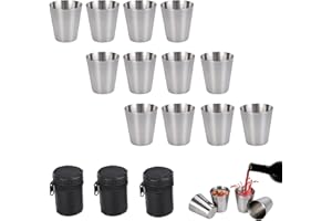 doepeBAE Bicchierini Acciaio Inox, Bicchieri Shot Set con Custodie in Pelle, Bicchieri per Cocktail Caffe Whisky Gin, Tazza in Acciaio Inox Portatile per Feste, BBQ, Campeggio, ecc (30ml Set da 12)