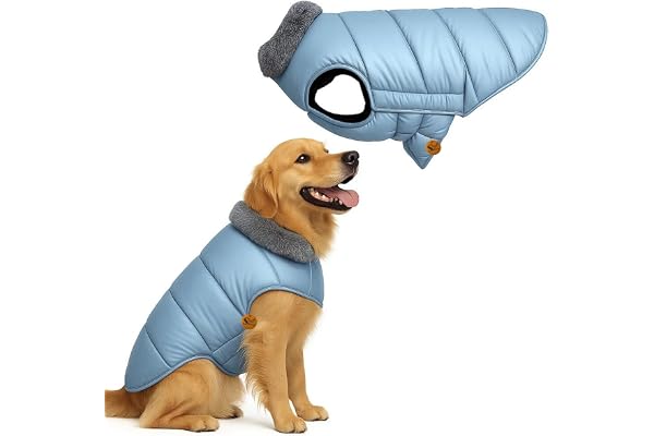 Sage Square Dog Winter Jacket Coat with Fur Collar, Light Weight, Ultra Warm Windproof, Waterproof Dog Jacket for Cold Weather, Thicker Fleece for Cold Weather (Light Blue) (XLarge-30 inch)