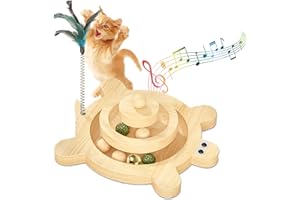 WishesMar Giochi per Gatti Gioco Interattivo per Gatto in legno Torre a 2 Piani con Binario Viene Fornito con 3 Palline con Funzioni Diverse e Bacchetta da Gioco, Base Antiscivolo