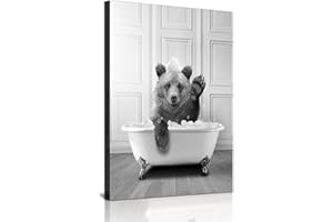 HMDKHI Impressions murales sur toile, en noir et blanc, pour salle de bain - Ensemble d'images amusantes - Éléphant, zèbre, pingouin, girafe - Décoration de salle de bain - Sans cadre (ours, 30 x 40 cm x 1