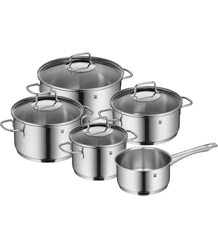 RÖSLE Basic Line Starterset, 5-delig, 3 universele pannen, 2 braadpannen, roestvrij staal 18/10, met glazen deksel en schenkrand, geschikt voor inductie, vaatwasmachinebestendig, zilver