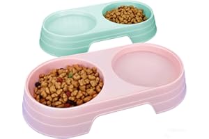 CAKEFLY 2Pcs Double Cat Bowls Plastic Puppy Cat Food and Water Bowls Set Multi-purpose Cat Dog Food Bowls Kittens Feeder Bowl Dog Water Drinking Feeder for Pet Small Animal (Pink+Light Blue)
