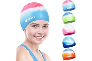 Swimming Cap Kids, Swim Caps for Girls Boys Children Aged 5-14, GIKOY Comfortable Stretchable Swimming Hats for Long Hair, Silicone Odour Free Waterproof Swim Hat, Non-Slip lining & Keep Hair Dry