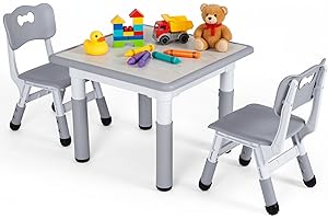 Clevich Kids Table with 2 Chairs, Children's Seating Height Adjustable, Painting Table Chair Set, Children's Furniture for Playroom, Nursery and Study Room, Square Table for Boys & Girls from 3 years