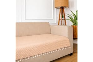 STITCHNEST 3 Seater Quilted Velvet Sofa Cover with Tassels | Elegant Beige Sofa Protector for Living Room | Soft, Washable |