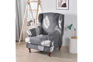 Highdi 2 Piece Stretch Wingback Chair Covers Wing Chair Slipcover Armchairs Covers Classic Printed Sofa Slipcover Spandex Furniture Protector for Living Room Bedroom Hotel (Grey Leaves)