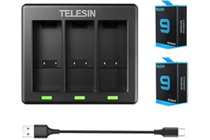 TELESIN Lot composé d’un chargeur à triple logement pour batteries et de 2 batteries, pour GoPro Hero 10/9 Black Edition