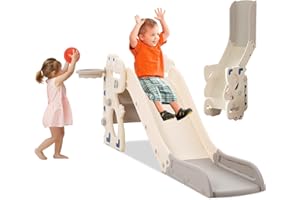 YOSAMY Kids Slide,Foldable Kids Slide with Climber,Basketball Hoop and Ring Toss,Dinosaur Design Freestanding Baby Slide Indoor/Outdoor
