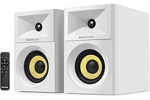 Sanyun SW205 80W 4" Altoparlante attivo per libreria con cassa in legno Design esterno innovativo e chip DSP avanzati – Ingresso ottico Aux Bluetooth 5.4 da 3,5 mm – Telecomando (coppia, bianco)