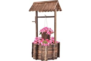 COSTWAY Pozzo da Giardino, Pozzo Decorativo, Legno d'Abete, Manovella Girevole, da Esterno, Marrone (Modello 1)