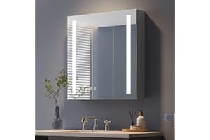 ‎DRIPEX Dripex Spiegelschrank Bad mit Beleuchtung, Glasablage und Steckdose, Badezimmerschrank mit Spiegel 2-türig, 3 Lichtfarbe Einstellbar, Dimmbar, Beschlagfrei 63 x 65 cm Grau