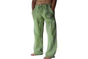 Puimentiua Pantalones Lino Hombre Verano Casual Pantalon Anchos Hombre de Lino y Algodón Transpirables Cómodos con Cordón Bolsillos Laterales Elegantes para Vacaciones Playa