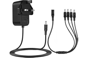 Tonton 12V 2A Power Supply with 1 to 4 Power Splitter Cable, AC 100-240V to 12V 2A 1.5A 1A DC Plug 2.1mmx 5.5mm for CCTV Security Camera, DVR Recorder, NVR Recorder, Router, LED Strips, 1.8M Length