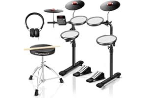 HAMPBACK MK-0 Batterie Electronique avec Pads en Maille 7", Cymbales 8", 12 Kits, 68 Sons, USB MIDI, Siège, Baguettes, Casque et 2 Pédales, Convient aux Débutants et aux Enfants