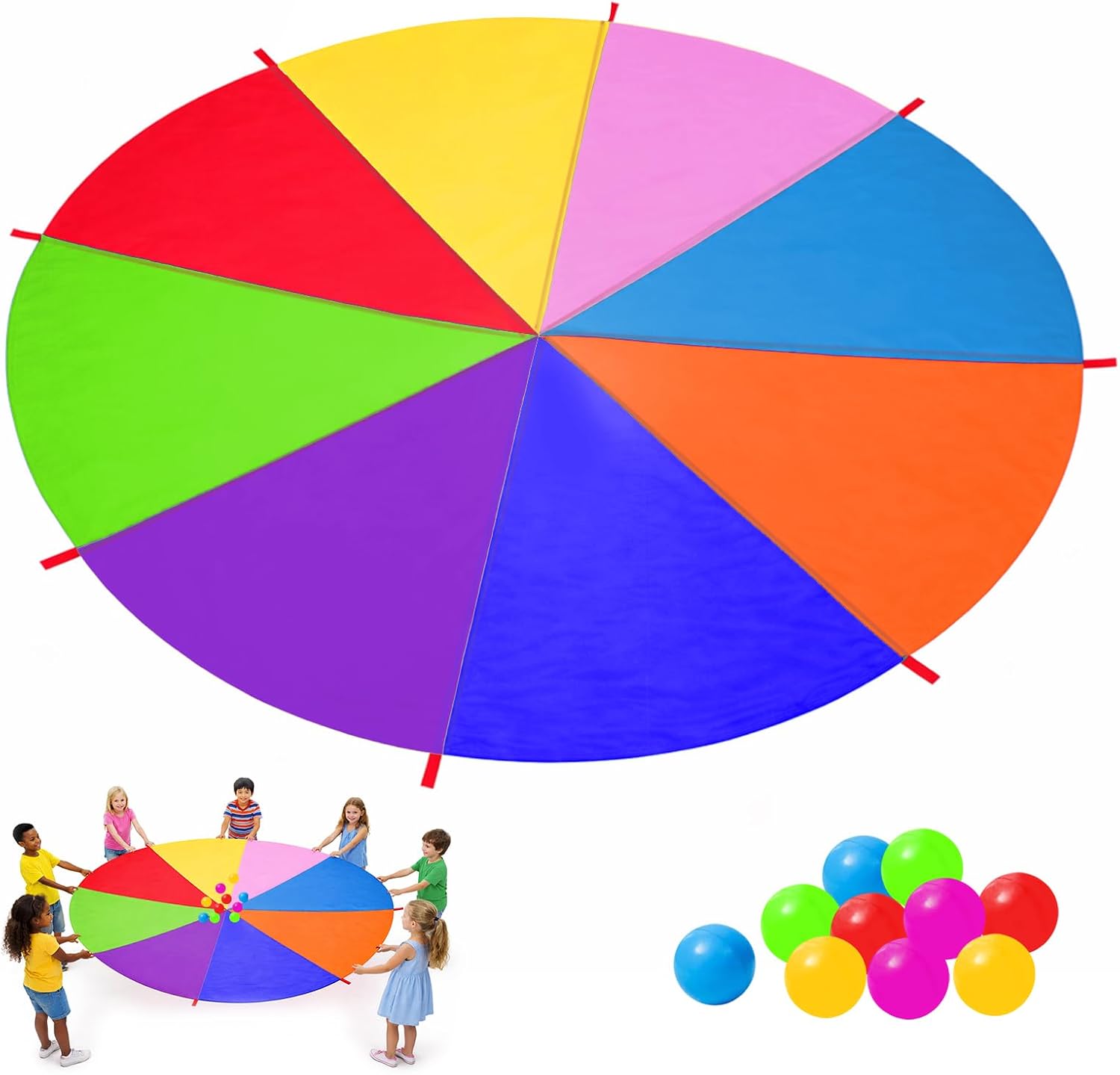 Tbintul Paracaídas Arcoíris Grande,3.6m Paracaidas Infantil con 8 Asas y 10 Bolas,Play Arco Lris Paracaídas Interior y Exterior para Escuelas y Fiestas de Cumpleaños Infantiles