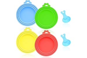 BEIIEB Lot de 4 couvercles pour boîtes de nourriture pour animaux, 3 en 1, taille universelle, sans BPA, multicolore, avec 2 cuillères bleues pour animaux de compagnie, convient pour la nourriture