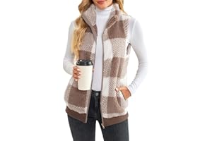 EUDOLAH Damens Fleece Weste mit Reißverschluss im Karo-Muster Warme Steppweste mit Stehkragen in Langer Weiter Passform für Winter und Freizeit