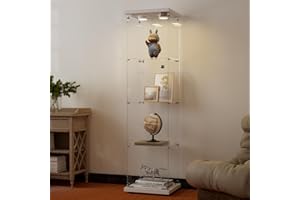 ‎AUFHELLEN AUFHELLEN Glasvitrine Standvitrine mit LED in Weiß, 164x42.5x36.5CM Modern Glas Vitrine Weißes Holzbrett mit 4 Böden aus ESG für Sammlerstücke Bücher Wein