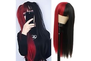 ‎SALAIBS Halb Rote Halb Schwarze Perücke für Frauen Lange Gerade Goth Natürliche Synthetische Perücke mit Bangs für Halloween Party Kostüm Haar Perücke (Rot)