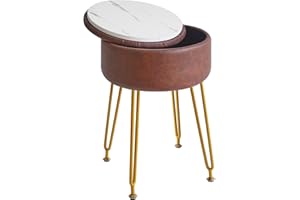 IBUYKE Taberno Redondo de reposapiés de Cuero Falso con Almacenamiento otomano, Mesa Lateral de la Silla de vanidad de Maquillaje, Asiento de la Mesa de Vestir de PU, marrón Oscuro WBD024Z