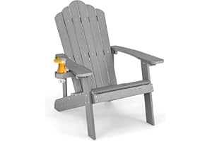 ‎COSTWAY COSTWAY Adirondack Stuhl mit Getränkehalter, wetterfester Gartenstuhl, Gartensessel aus Kunststoff, Outdoor-Stuhl für Garten, Terrasse, 170 kg Tragfähigkeit (Hellgrau)