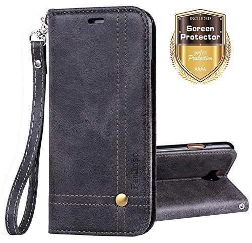 Funda Huawei Y6 2017 Funda Huawei Y5 2017  Ferlinso Carcasa Cuero Retro Elegante con ID Tarjeta de Cr  dito Tragamonedas Soporte de Flip Cover Estuche de cierre magn  tico para Huawei Y5 2017   Y6 2017  Gris 