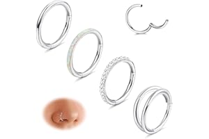 Diamday 4Pcs 18G 16G Surgical Steel Nose Rings Hoops for Women Opal CZ Septum Rings Clicker Hinged Segment Nose Ring Lip Helix Cartilage Conch Daith Rook Nose Body Piercing Jewelry 8mm 10mm