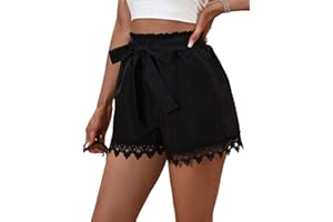 GORGLITTER Damskie szorty eleganckie, letnie, szerokie nogawki, krótkie spodenki z wysoką talią, z koronkowym obszyciem i paskiem