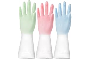 YUTTTPL 3 Paar Gummi Reinigungs Handschuhe, wiederverwendbare Haushalts Handschuhe ohne Latex wasserdicht rutschfest und hautfreundlich Weiche Spülhandschuhe für Küche Geschirrspül und Bad (grün,blau,rosa)