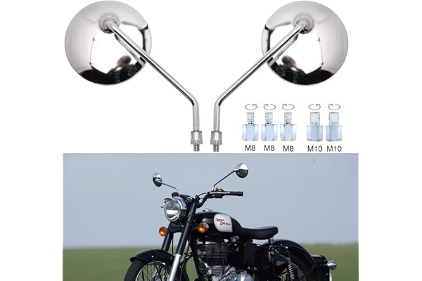 Retroviseurs moto guidon chromés Rétroviseurs latéraux adaptés aux boulons filetés M8 M10 dans le sens horaire et antihoraire pour scooter Street Bike Cruiser Chopper Sport Bike ATV