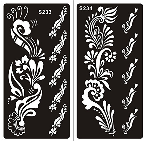 STENCILS TEMPLATE TATTOO SELF ADHESIVE Henna Flower Designs Set of 2 Sheet - single use S233 234 - suitable for Henna Tattoo Glitter Tattoo and Airbrush Tattoo