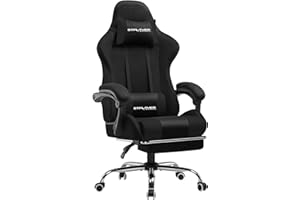 GTPLAYER Sedia da ufficio, da gaming, da gaming, ergonomica, con poggiapiedi, poggiatesta, cuscino lombare, imbottito, sedia girevole in tessuto nero