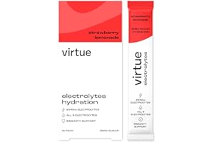 Virtue Électrolytes Sachets d’hydratation | Zéro sucre | 6 électrolytes, sels minéraux hydratants, vitamine C (Pack de 16, Limonade Fraise)