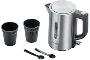 ‎SEVERIN SEVERIN Reise-Wasserkocher-Set, Mini-Reisewasserkocher für 0,5 L, elektrischer Wasserkocher mit 2 Kunststofftassen & 2 Löffeln, Edelstahl-gebürstet/schwarz, WK 3647