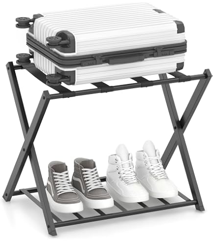Porte-bagages Bois Siairo 2 Étages - 64x45x52cm - Support 50kg - Pliable Pour Maison/Hôtel