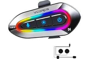 VCOROS Auriculares Casco Moto,VR2 Manos Libres Moto Bluetooth,5.4 Bluetooth Cancelación de Ruido DSP&CVC,Iluminación RGB,IPX6 Impermeable,Respuesta AutomáticaCompatible con Todos Los Cascos 1000mAH