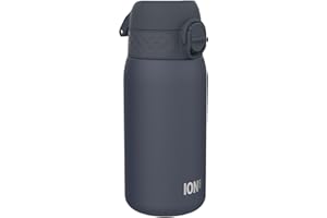 Ion8 Gourde Enfant, Inox Léger, 400ml, Non Isolé, Anti-Fuite, Facile à Ouvrir, Verrouillage Sécurisé, Lavable au Lave-Vaisselle, Poignée de Transport, Acier Inoxydable, Bleu Marine Cendré