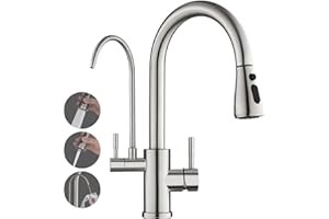 ROVOGO Monobloc Kitchen Sink Mixer Tap with Pull Out Spray, 3 Way Water Filter Tap with 2 Handles for Hot, Cold and Drinking Water, Brushed Stainless Steel Kitchen Faucet 360° Swivel, C-Spout