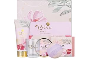 Accentra - Set de bain & soin RELAX dans une belle boîte cadeau, 5 pcs Wellness - Kit cadeaux pour femmes avec beurre corps, savon, crème mains, bombe-bain et bougie parfumée - Tea Rose & Velvet