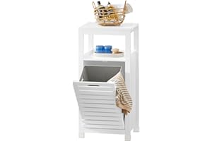 SoBuy Mueble de Baño con Cesta para Ropa – Armario de Baño Estrecho con Bolsa Plegable para Lavar Ropa, Estante Compacto de Madera, Blanco, 42 x 90 x 30 cm, BZR67-W