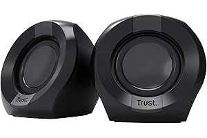 Trust Polo mały głośnik PC 2.0, 8 W (4 W RMS), kompaktowy zestaw głośników, zasilanie USB, zintegrowane sterowanie, AUX 3,5 mm, PC Box, komputer laptop – czarny