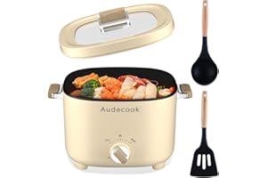 Audecook Electric Hot Pot, 2.5L Portable Nonstick Multicooker, Upgraded Honeycomb Texture Coating, Travel Electric Skillet with Dual Power Temperature Control for Steak/Noodles/Soup/Egg/Oatmeal(Beige)