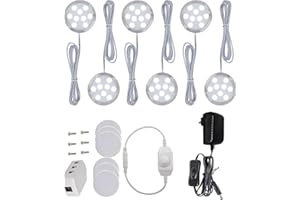 Cefrank Juego 6 luces LED regulables para debajo del gabinete, con regulador intensidad giratorio, 12W, luz LED para encimera o debajo la cocina, estantería, exhibición, vitrina (Blanco puro 6000K)