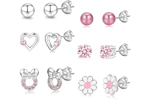 RANKEEF aretes de plata de ley 925 para niñas y mujeres, aretes hipoalergénicos, aretes de aro de, bola de, mariposa, margarita, juegos de aretes para adolescentes y niños pequeños, Plata de ley