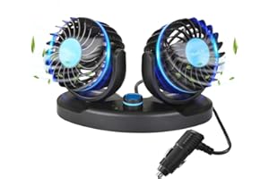 HueLiv Car Fan 12V Electric Cooling Fan with 360 ° Adjustable Dual Head Fan with Cigarette Lighter, Powerful Silent and Stepless Speed Change, Summer Cooling for Car Truck Van SUV RV Boat