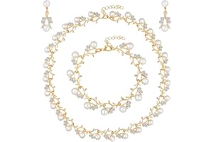 SWZY Gioielli Donna 3-Set Perle Parure Gioielli per Donna Cristallo Sposa Collana Perla simulata Bianca Ciondolo a Foglia Orecchini e Bracciali Set per Fidanzate Compleanni Anniversari San Valentino