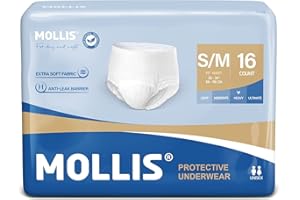 MOLLIS Pantalones Incontinencia para Adultos, Bragas Absorbentes para Hombres y Mujeres, Protección contra las fugas durante toda la noche, Control de Olores, Talla S/M, 16 Unidades
