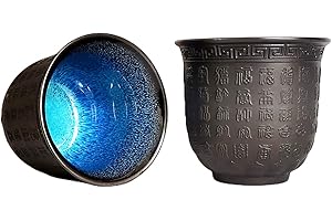 NIUKOMY Juego de 2 Tazas de Té de Porcelana, Taza sin Asa de Cerámica, Taza de Té Chino Kung Fu, Asiática Copa de Texto de la Buena Suertea 160 ML Negro